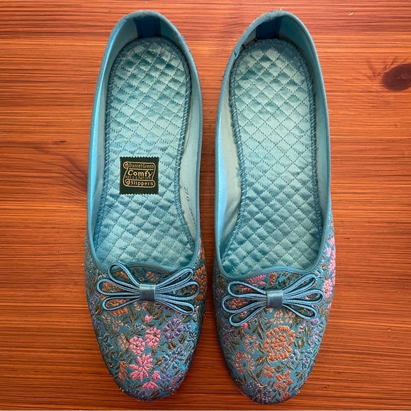 Vintage Daniel Green Teal Floral Brocade Comfy House Slippers - Size 6.5 / 7 - Picture 5 of 10